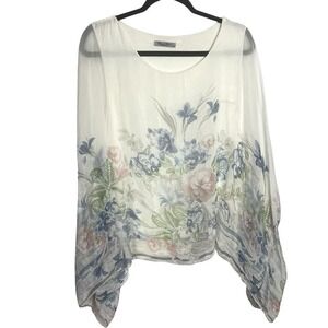 Elena Baldi Silk Poncho Top Womens M Watercolor Floral Sheer Overlay Fairy Flowy